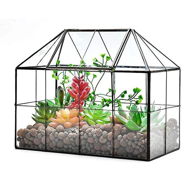 New Glass Terrarium in Geometric House Shape Mini Indoor Greenhouse Swing Lid for Succulent Tabletop Planter for Home Garden