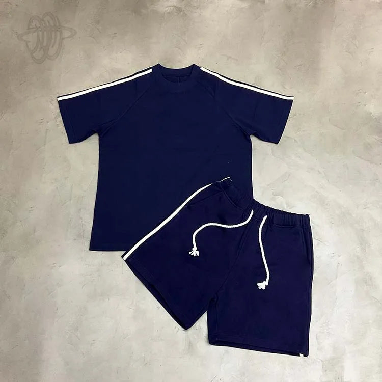 Men's Summer Sports Wear Two Piece Set Cropped Oversized 100% Cotton 320 Gsm T-shirt Shorts Solid Heavyweight Summer Sports MegaBDM