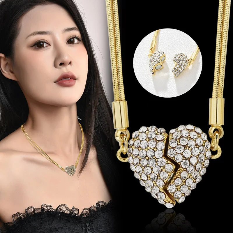 Magnetic Heart Love Charm Buckle Necklace for Women Stainless Steel 18K Gold Plated Full Zircon Diamond Heart Pendant Necklace