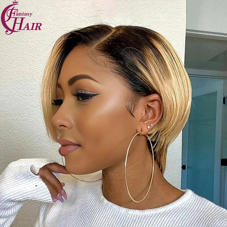 FH  Cheap Price 1b-27 Pixie Short Wig Brazilian Human Hair Transparent 13x4 Lace Frontal Wig
