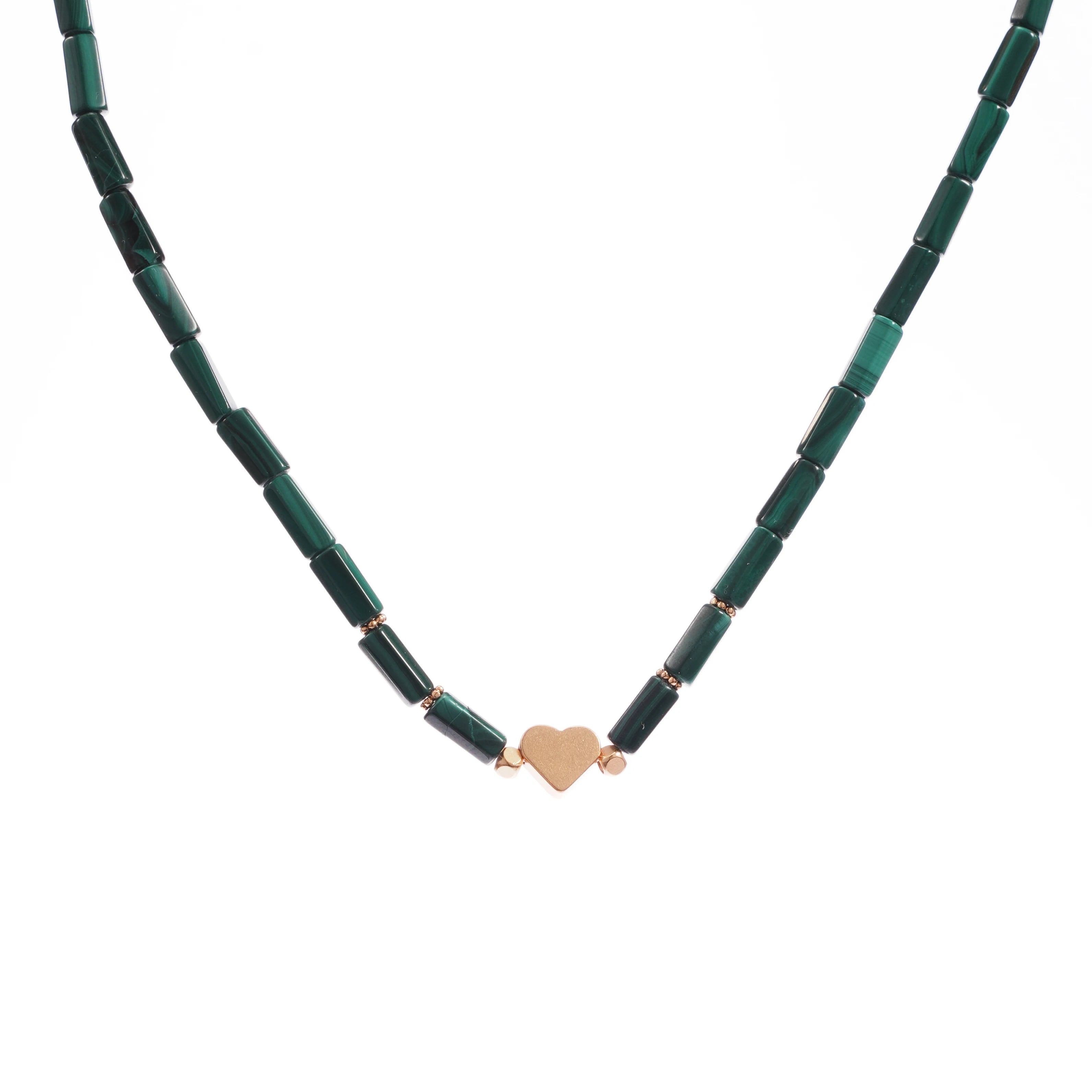 Emerald Green Jade Cylinder Beads & 24K Gold Plated Brass Heart Pendant Trendy Necklace for Women Fashion Jewelry