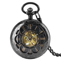 Antique Style Retro Self Wind Mechanical Pocket Watch Black Hollow Roman Numeral Old Watch With Fob Chain for Men Gift
