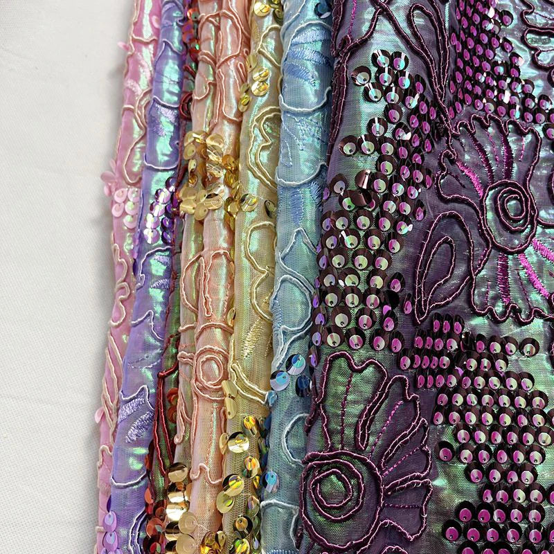 Customized Heavyweight Fluorescent 3D Flowers Sequin Embroidery Fabric Fashionable Design for Weddings Knitted Bags Shoes Boys'