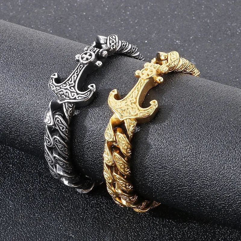 Classic Retro Gothic Engrave Fine Men's Jewelry Bracelets Stainless Steel Anchor Charm Cuban Links Bracelet Bangle
