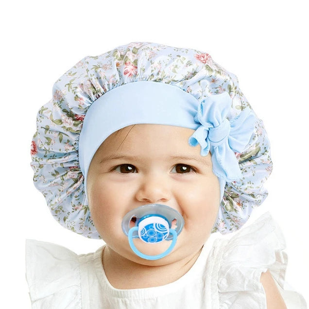 Wholesale Custom Satin Long Tie Adjustable Flower Print Baby Hats Hair Care Bonnets