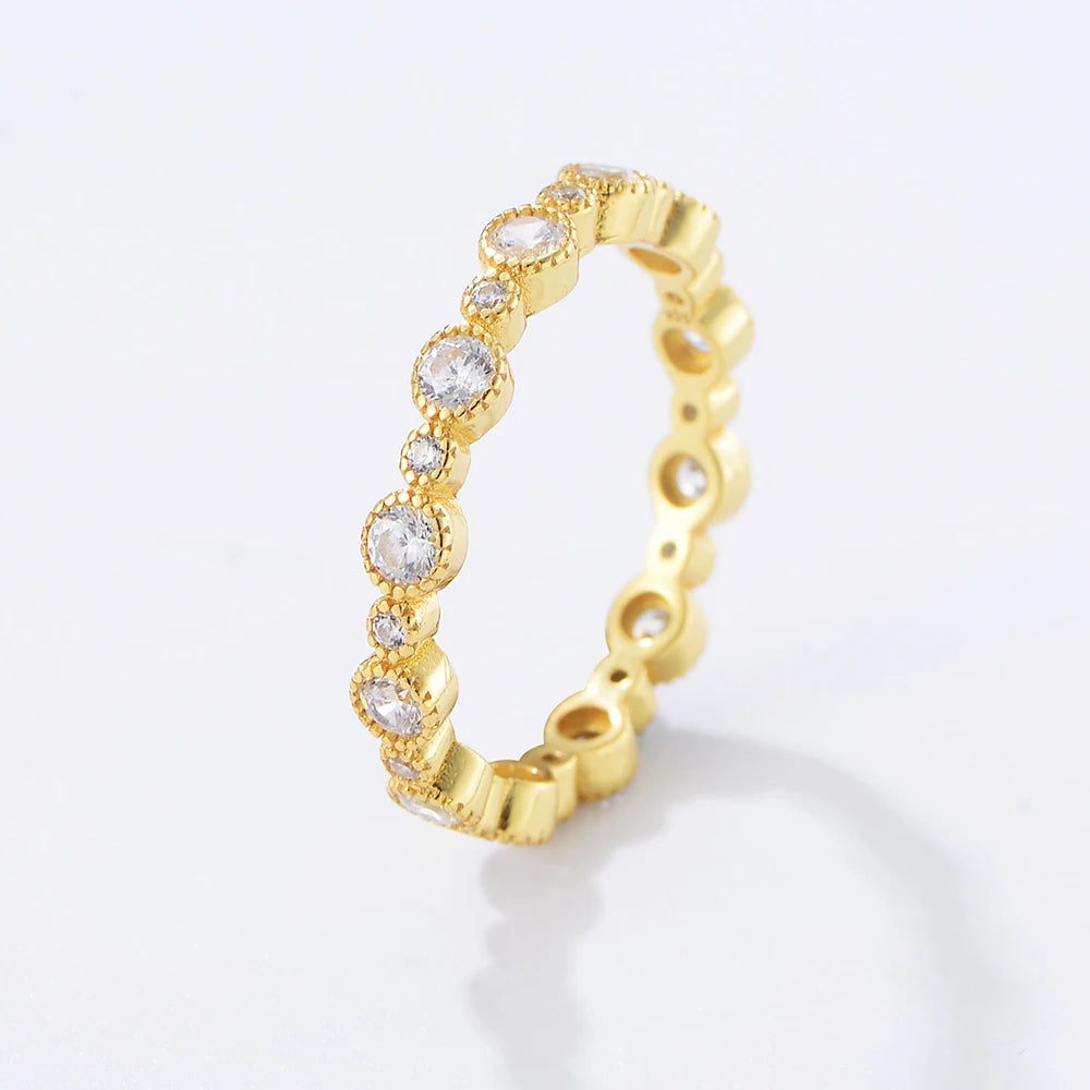 Fine Jewelry S925 Sterling Silver Geometric Circle Shaped Zircon Gold Plated Couple Engagement Wedding Eternity Band Rings