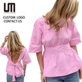 2025 New Women Backless Pleated Shirts - Solid Color O-Neck Half Sleeve Blouse Spring Summer High Street Fashion Tops