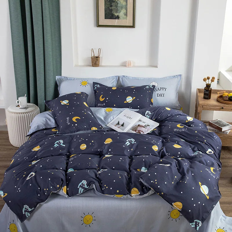 Custom Wholesale 4 Pcs Single Double Outer Space Floral Cartoon 100% Polyester Microfiber Home Textile Bedding Sets Custom Logo