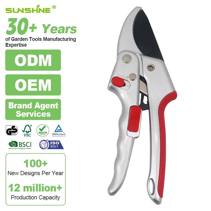 SUNSHINE New Design 2 in 1 Dual Cut Aluminum 8'' Ratchet Garden Pruners Pruning Shears Secateurs