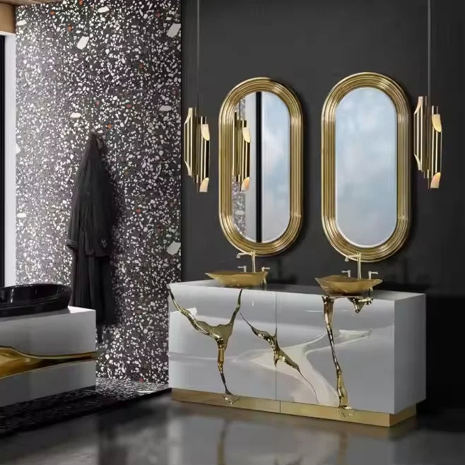 Furnistyle Customized Small Size Bathroom Cabinet Stainless Steel Sink Black Marble Top Washbasin for Hotel Dining Villa Use