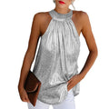 Womens Fashion Shiny Halter Neck Tank Tops Casual Ladies Summer Casual Solid Color Black Gold Silver Sleeveless T Shirt