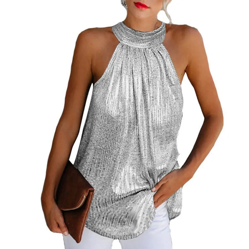 Womens Fashion Shiny Halter Neck Tank Tops Casual Ladies Summer Casual Solid Color Black Gold Silver Sleeveless T Shirt