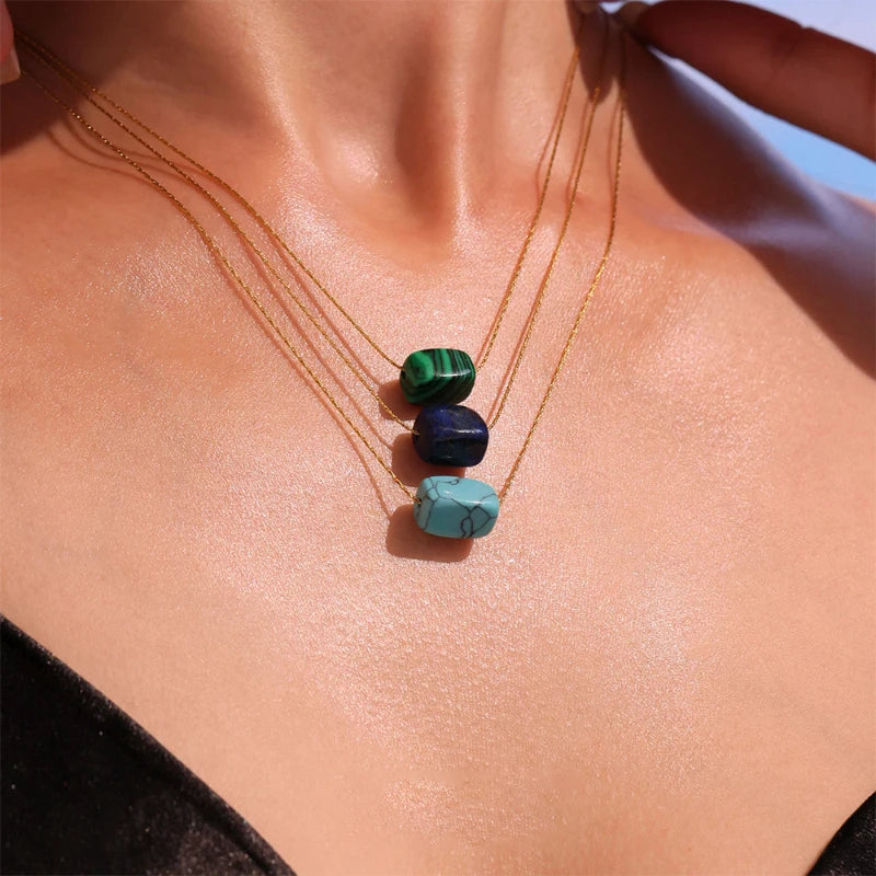 G3994 Wholesale Stainless Steel 18k Gold Plated Natural Stone Necklace Lapis Lazuli Blue Turquoise Rectangular Pendant Necklace