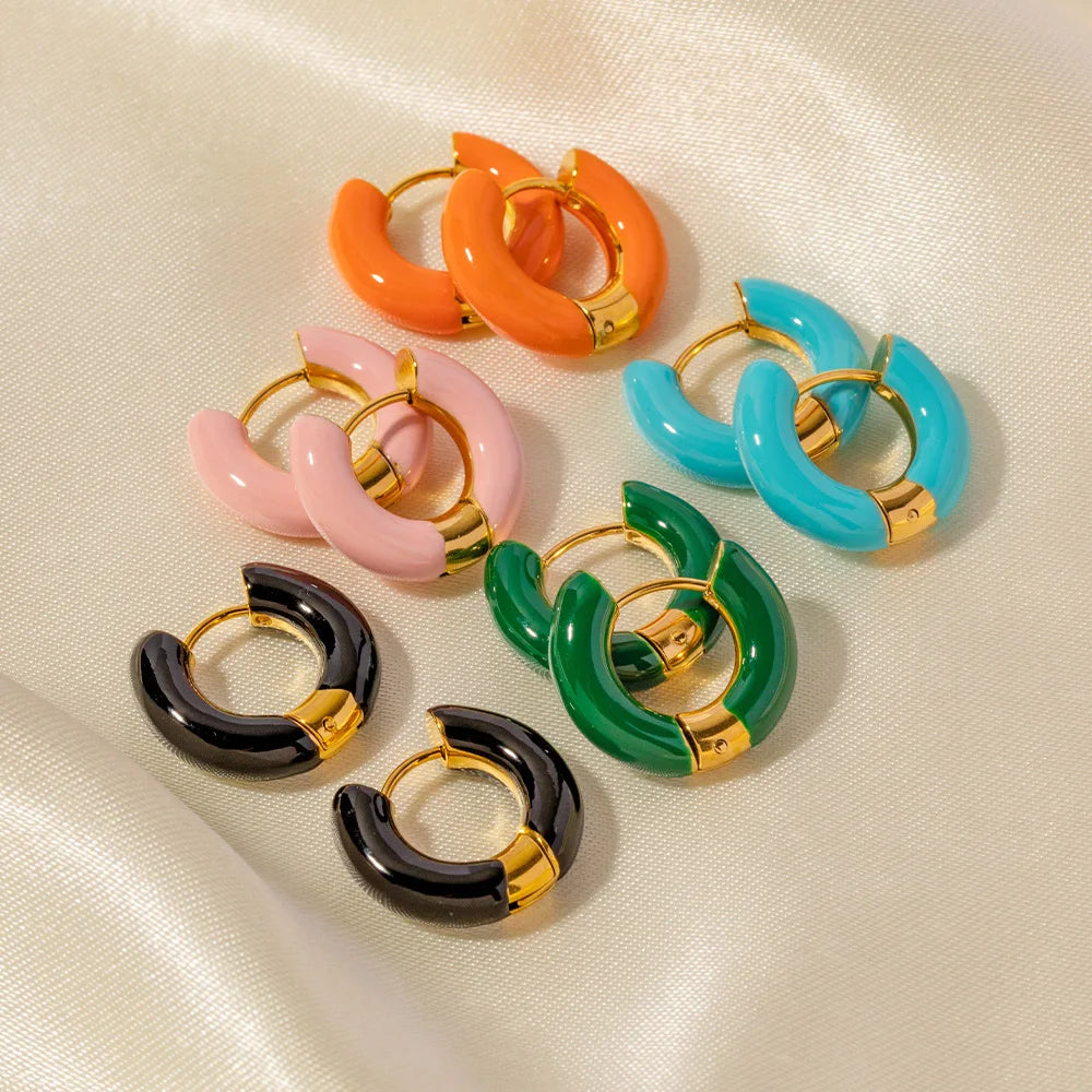 Waterproof Tarnish Free Hypoallergenic Jewelry 18k Gold Plated Stainless Steel Colorful Enamel Small Huggie Hoop Earrings
