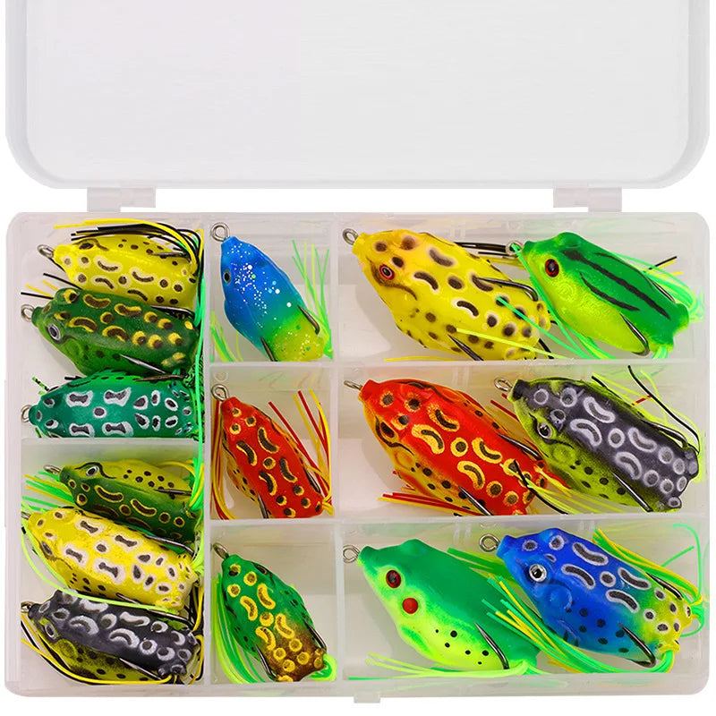 WEIHE 5pcs/15pcs Frog Fishing Bait Combo Soft Fishing Lure Kit Tackle Box Kits Pesca Pvc Frogs Unit