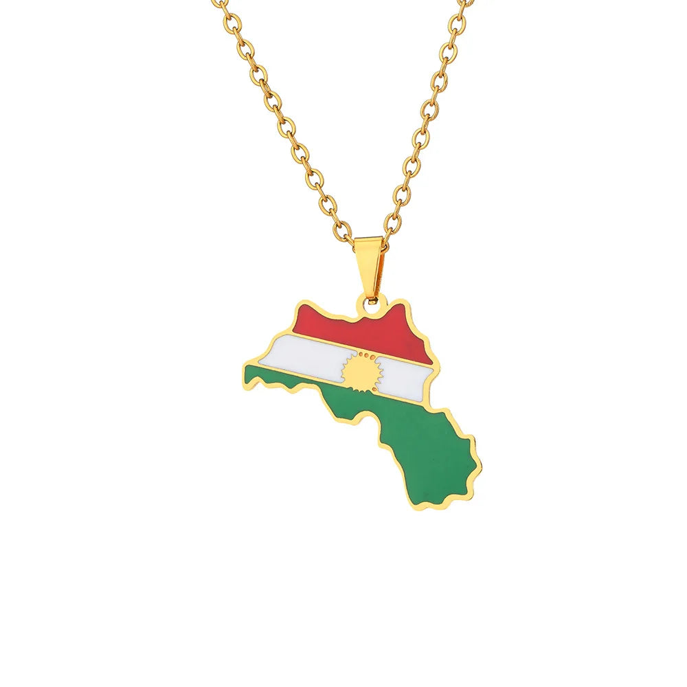 BINSHUO Kurdistan Necklace Stainless Steel Jewelry 18K Gold Plated Drop Oil Kurdistan Map Flag Pendant Necklace for Men Women