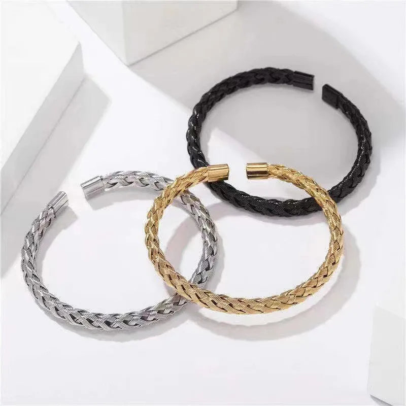 Simple Gold Black Stainless Steel Titanium Wire Open Bracelet for Men Fashion Bangle