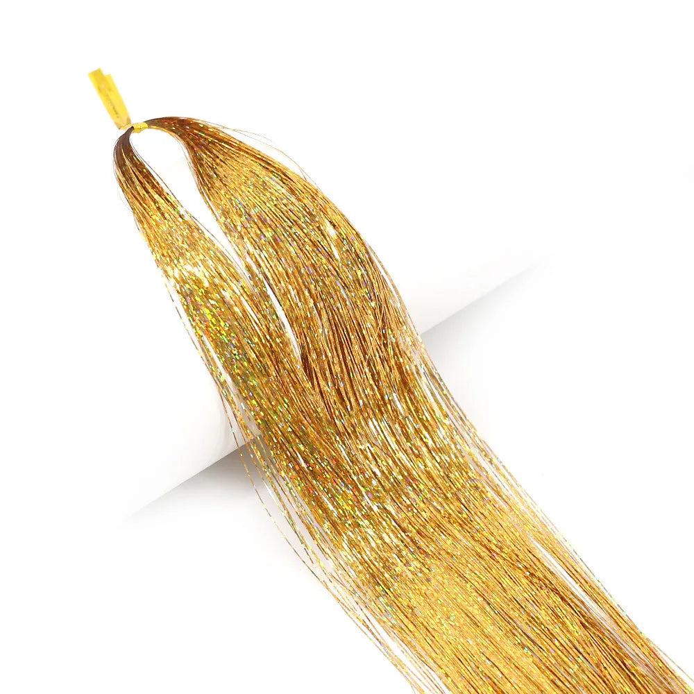Shiny Dyed Hair Highlights Glitter Extensions Tinsel Carnival Festival Party 120cm High Temperature Fiber Single Weft Wholesale