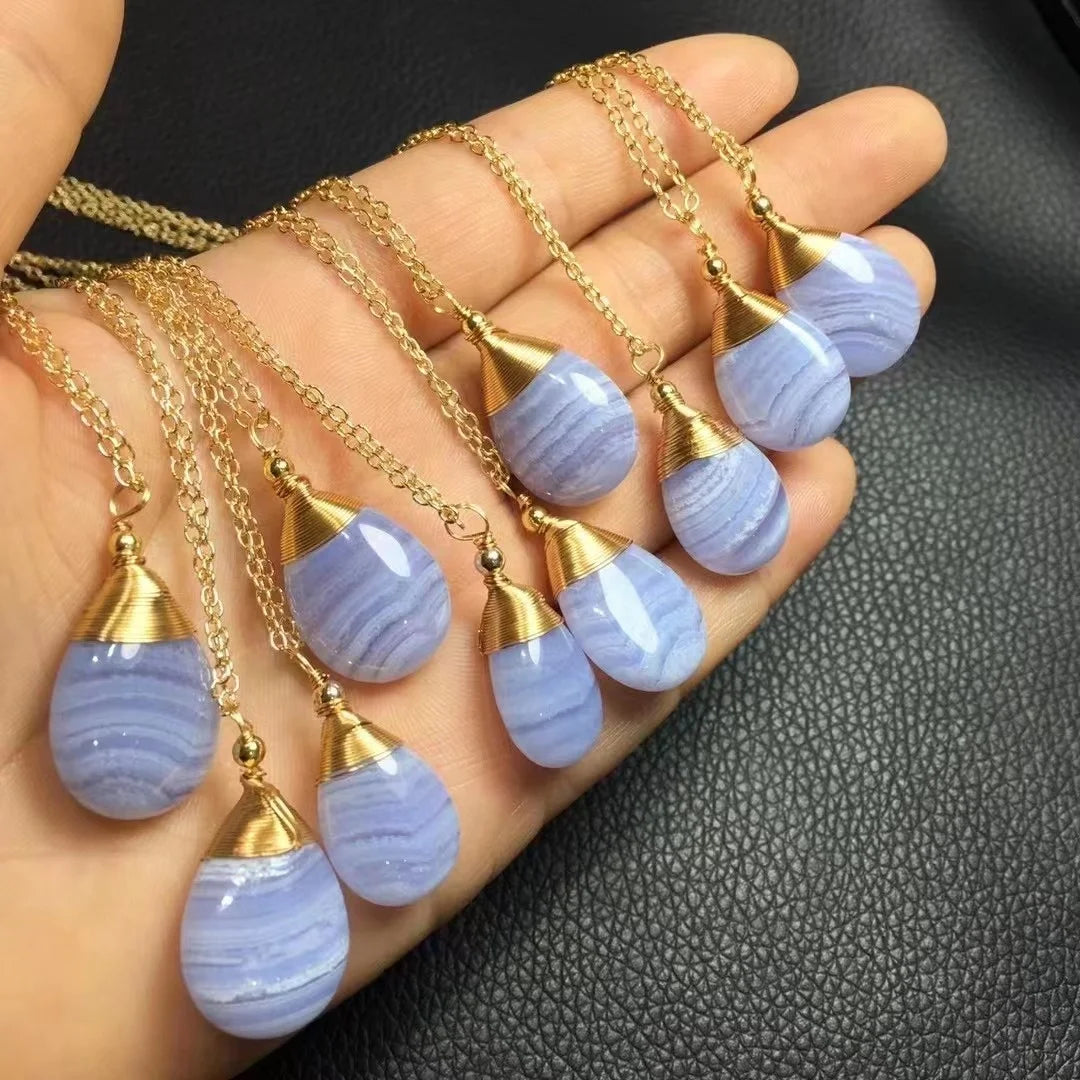 Initial 925 Sterling Silver 18K Gold Plated Fashion Gemstone Natural Blue Lace Agate Hand Wound Pendant Necklace
