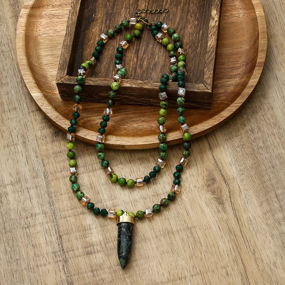 New Vintage Ethnic Jewelry 6mm Natural Stone Knotted Necklace Bullet Pendant Bohemian Necklace