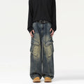 Vintage Solid Pattern Straight Cargo Men Embroidered Breathable Denim Trousers Multiple Pockets Casual Heavyweight Washed Winter
