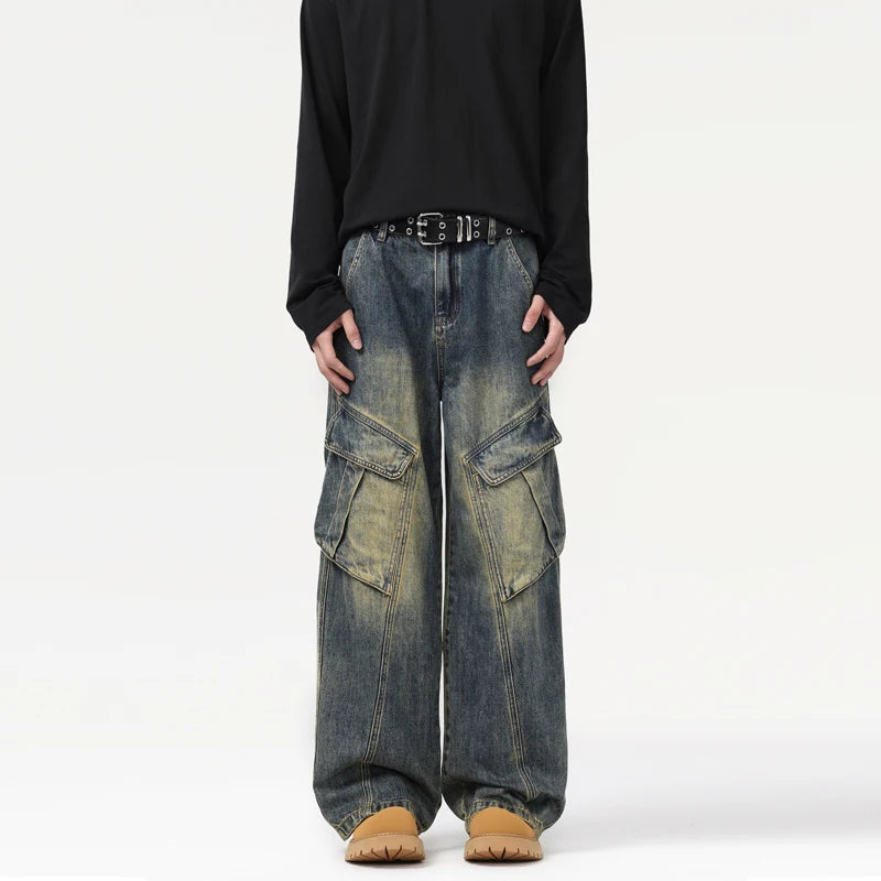 Vintage Solid Pattern Straight Cargo Men Embroidered Breathable Denim Trousers Multiple Pockets Casual Heavyweight Washed Winter