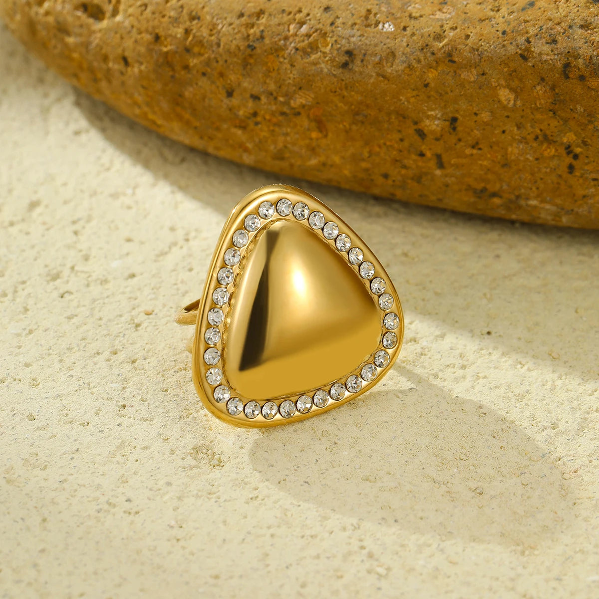18k Pvd Stainless Steel Collection Gold Jewelry Geometric Triangle Exaggerated Ring Zircon Inlaid Mirror Face Statement Ring