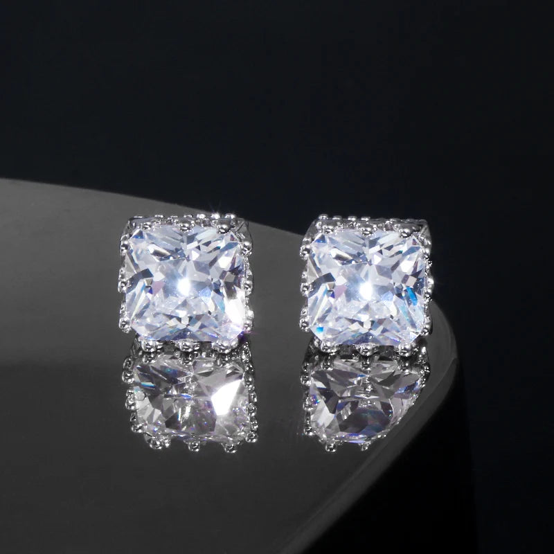 8mm Fashion Brand New Design Stunning White Gold Color Square Crown Cubic Zircon Big Stud Earrings for Women CZ Jewelry
