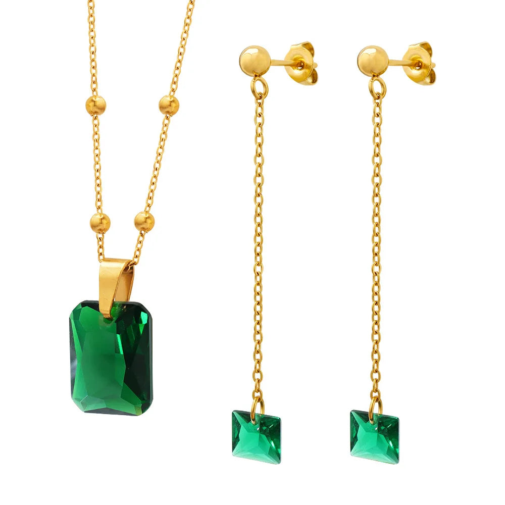 Court Style Retro Delicate Emerald Zircon Pendant Necklace Stainless Steel Bead Chain Earring Jewelry Set for Girls No Fading