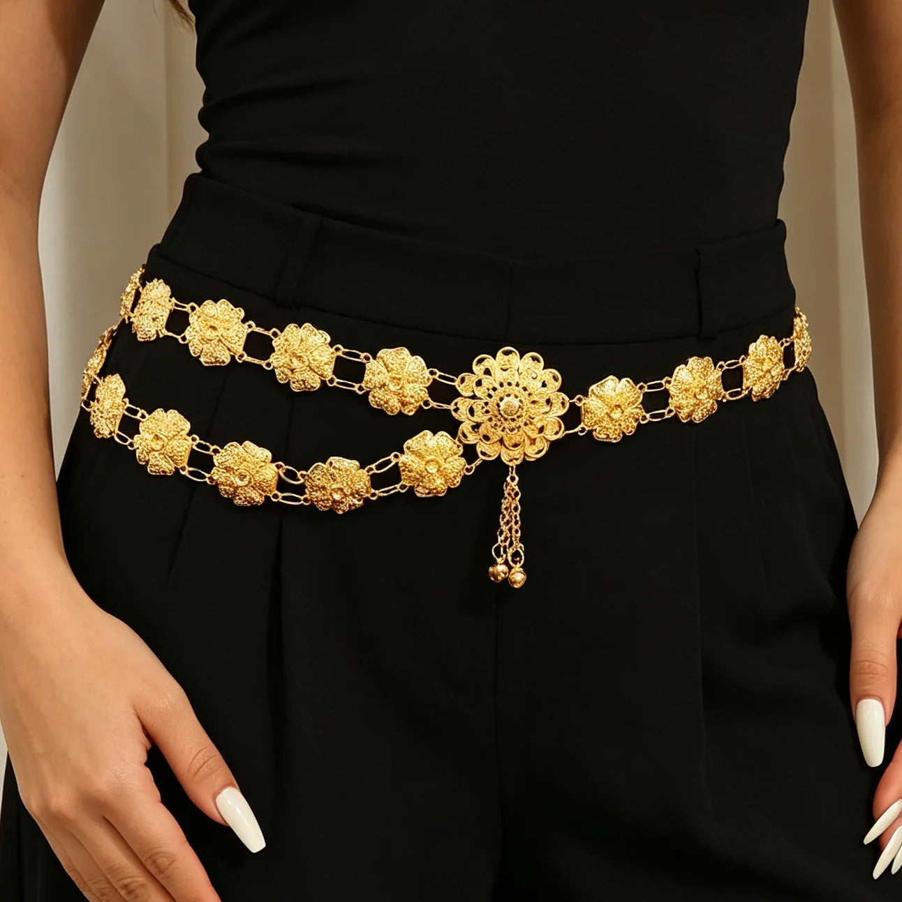 Women Belt Flower Gold Silver Bell Tassel Dance Waist Chain Ethnic Style Hollow Out Women Body Belly Chain