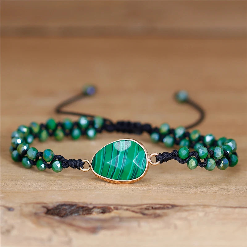 YueTong BOHO Braided Beads Bracelet Crystal Natural Stone Macrame Bracelets Green Malachite Charm Bracelet Women Jewelry Dr