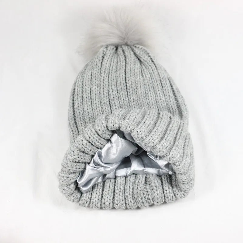 MIO Women Winter Elastic Beanie Hat Satin Lined Removable Faux Fur Pom Pom for Women Warm Knitted Cuffed Beanie Keep Hairstyle