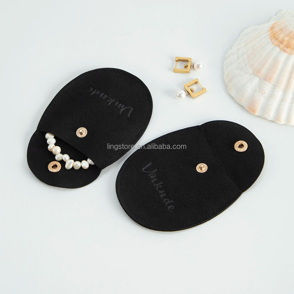 Custom Black Oval Envelope Jewelry Snap Pouch New Delicate Suede Microfiber Bag for Bracelet Jewelry Container