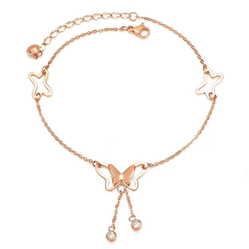 Jewelry Rose Gold Butterfly Charm Crystal Tassel Anklets Stainless Steel Tarnish Free Double Butterfly Charm Anklet Women