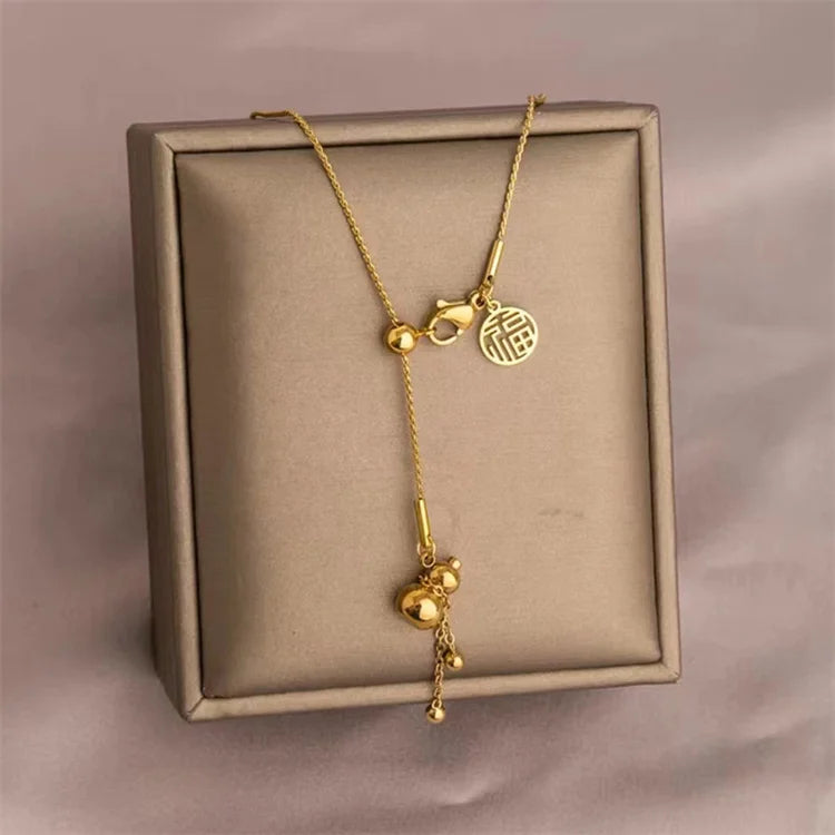 Hot Selling No Fade Titanium Steel Gold Plated Luxury China Style Gourd Pendant Tassel Necklace
