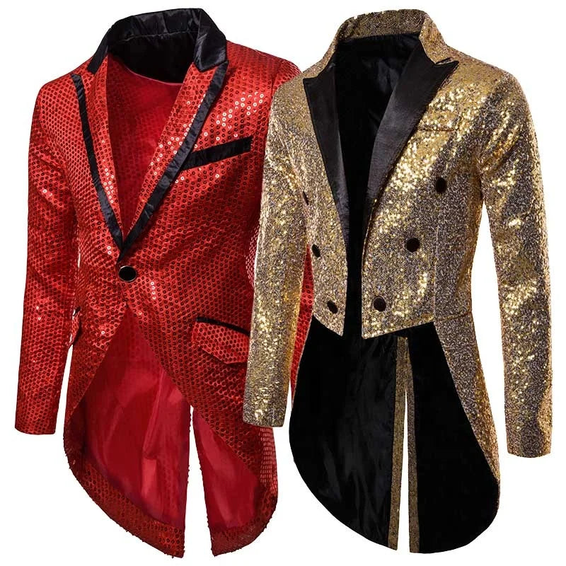 Mens Gold Sequin Swallowtail Suit Jackets Glitter Tailcoat Dance Stage Outfits Party Show Coat Sparkly Blazer Tuxedo Jacket
