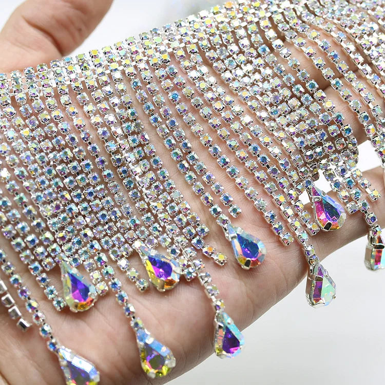 Water Tear Drop Fancy Crystal Rhinestone Fringe Chains Claw Chain Tassel Cake Decoration Latin Crystal AB Shiny Diamond Belt