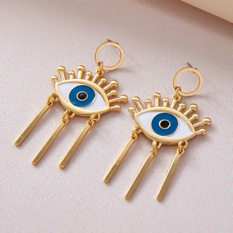 Vintage Gold Plated Tassel Demon Eye Earrings Blue Enamel Turkish Evil Eyes Dangling Earrings