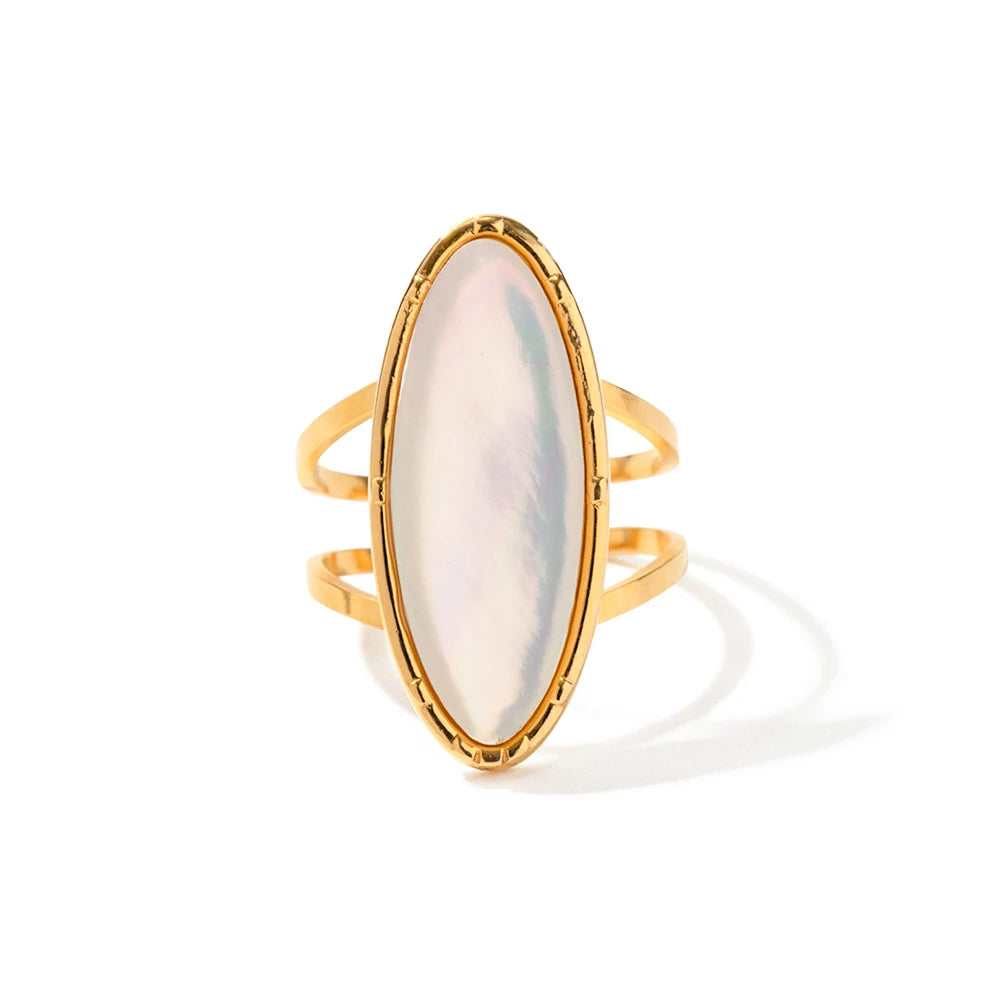 INS Style Waterproof Jewelry 18k Gold Plated Oval Geometry Natural White Shell Open Ring for Women