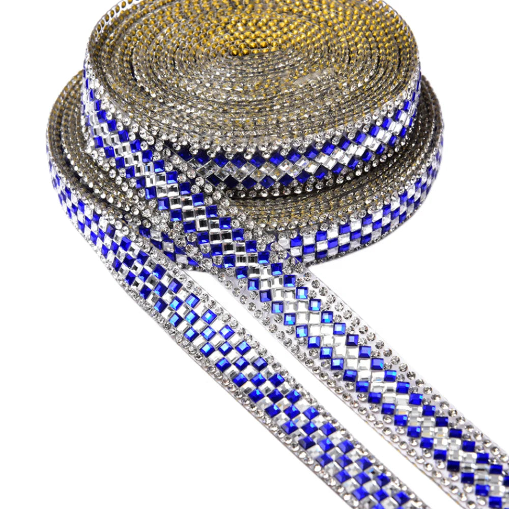 High Quality 13Mm and 17Mm Blue and White Square Rhinestone Tape Belt Applique Iron on Fabric Clothing Shoes Diy Decoration