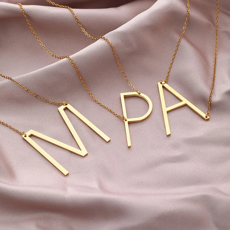 Elegant Tarnish Free 18K Gold Plated Stainless Steel Women Alphabet Sideways 26 Inital Letter Necklace Jewelry