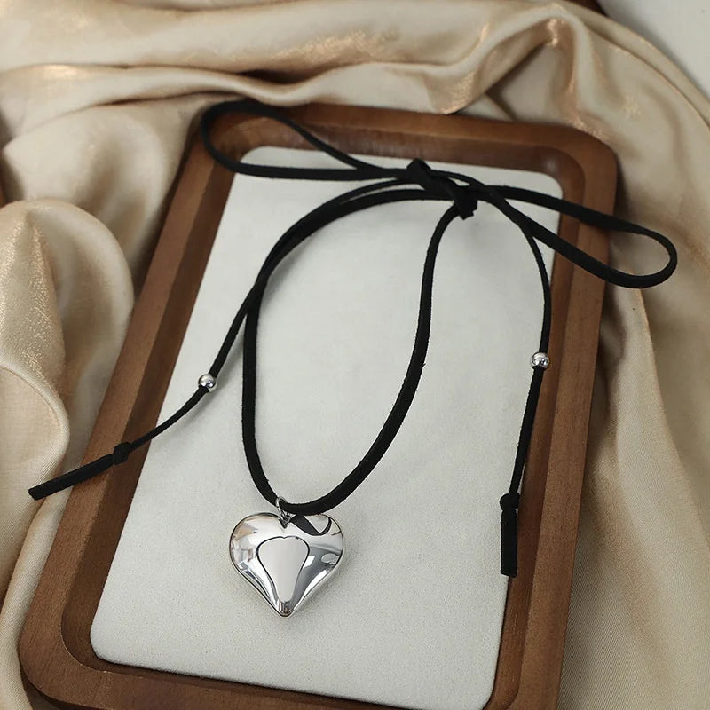 Stylish Wholesale Non Tarnish Jewelry Stainless Steel Necklace Drawstring Polished Heart Pendant Adjustable Necklaces for Women