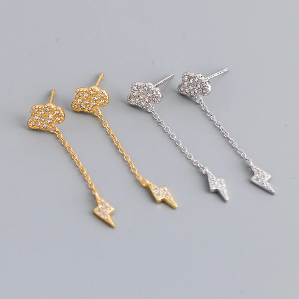 Fashion 925 Sterling Silver Cloud Lightning Long Chain Tassel Earrings Women Gold Plated Stud Earrings