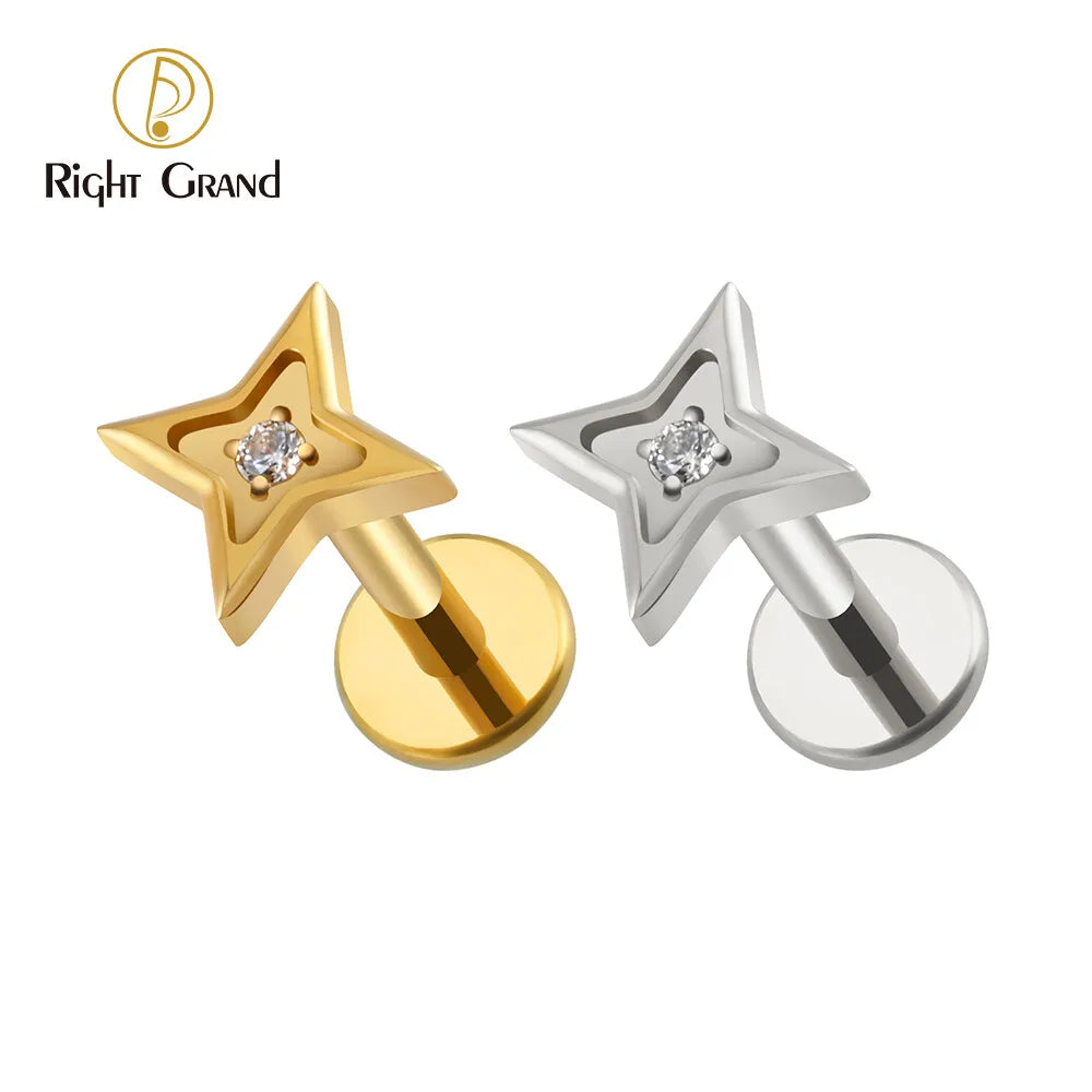 ASTM F136 Titanium 4 Pointed Star CZ Stud Tragus Helix Cartilage Earring Piercing Jewelry