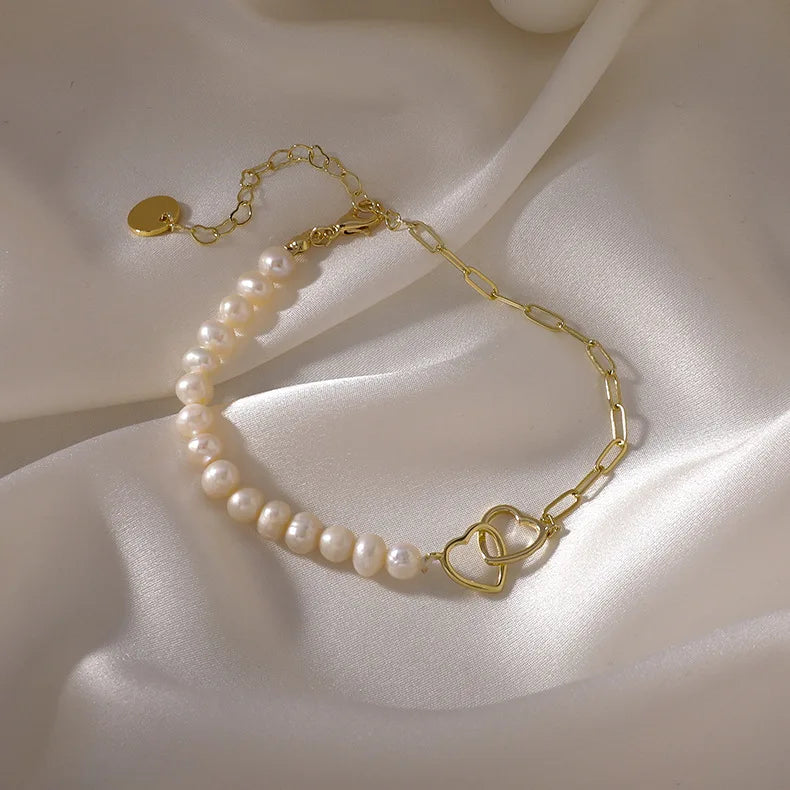 Pulsera De Perlas 14K Gold Link Chain Double Interlock Heart Charm Bracelet Elegant Baroque Freshwater Pearl Bracelet