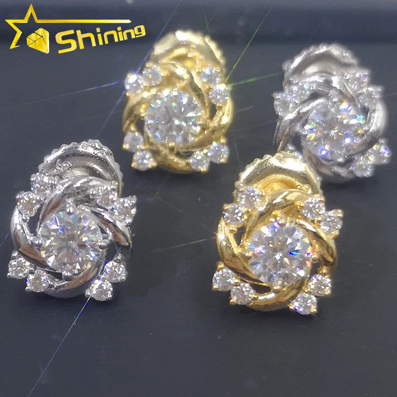 Fine Jewelry Luxury Iced Out VVS Moissanite Diamond Gold Plated 925 Sterling Silver Screw Back Stud Earrings