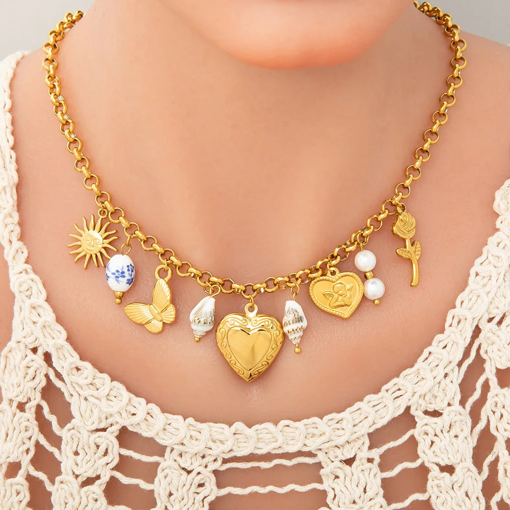 Unique Dainty Bow Butterfly Pendant Heart Shape Necklace with 18K Gold Plated Link Chain Trendy Stainless Steel for Women