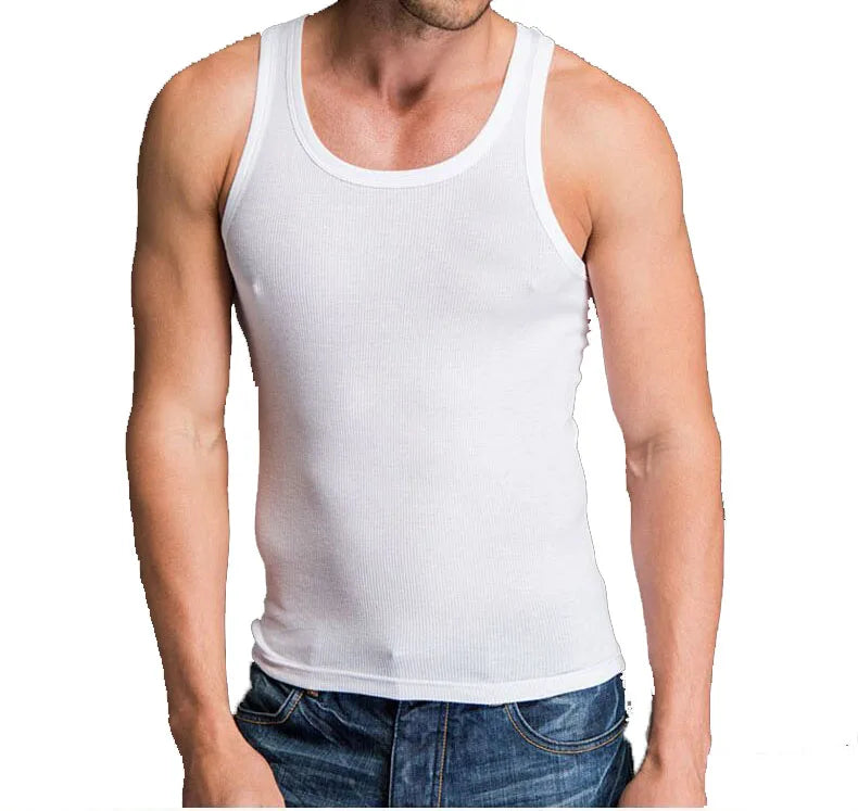 Wholesales Plain Color Customized Logo Men Rib Fabric Spandex Cotton Collar Casual Singlets Men Vest O Neck Men Tank Top