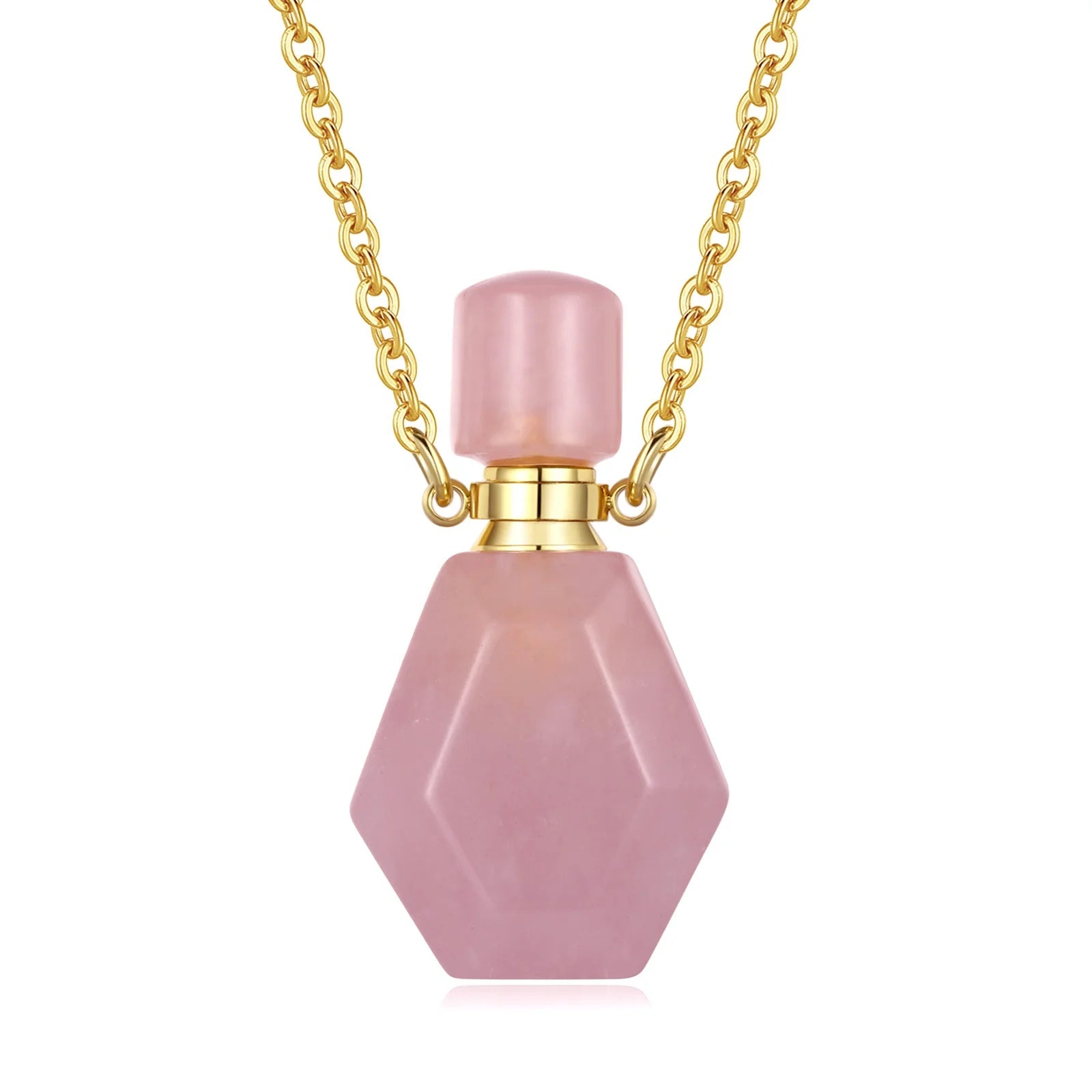 Natural Crystal Essential Oil Aromatherapy Diffuser Perfume Bottle Pink Quartz Jewelry Pendant Necklace for Women