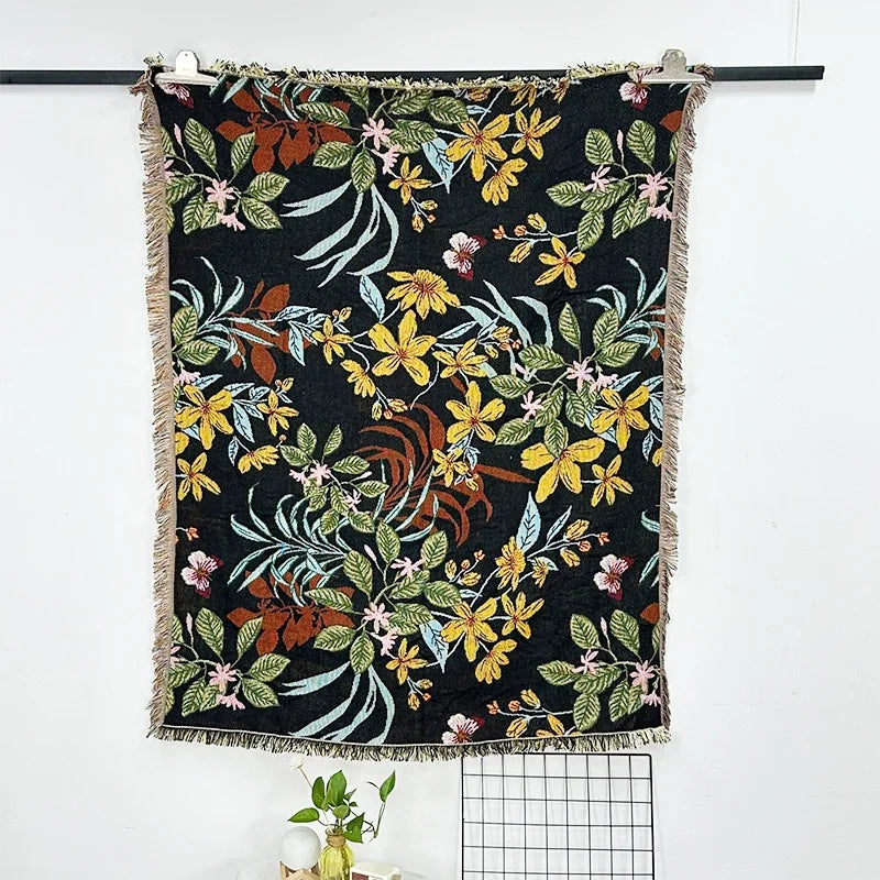 Custom Boho Jacquard Woven Blanket Floral Plant Pattern Portable Tapestry Throw for Travel Use